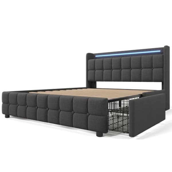 Lits med stoppad sänggavel, USB-laddning, LED-belysning och 4 lådor, 180x200 cm, grå (utan madrass)
