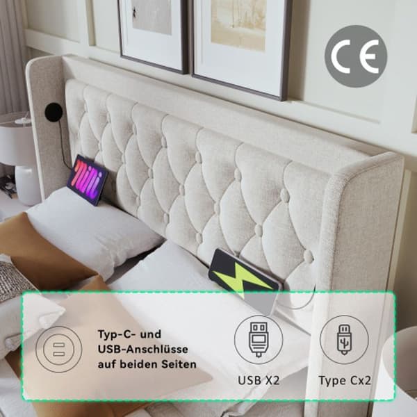 Dubbel säng med stoppad huvudgavel 160*200 cm, beige bomull, med USB Typ-C laddning, LED-funktion på tre sidor (med madrass).