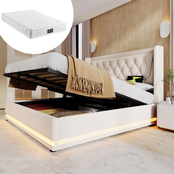 Dubbel säng med stoppad huvudgavel 160*200 cm, beige bomull, med USB Typ-C laddning, LED-funktion på tre sidor (med madrass).
