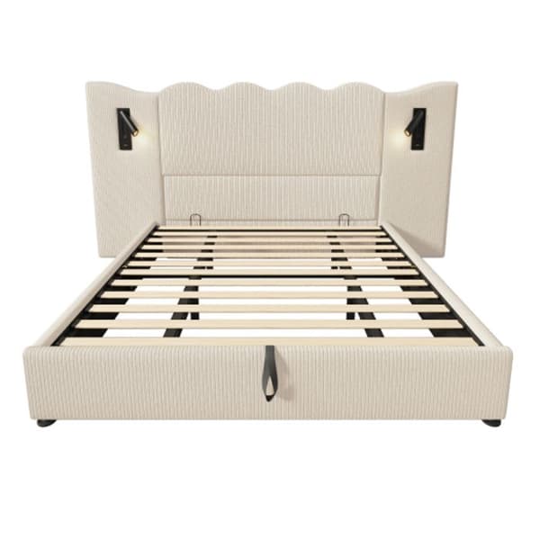 Dubbel uppfällt säng (180 x 200) med läslampa och USB Type-C-laddning, beige, ribbad sammet (madrass ingår ej).