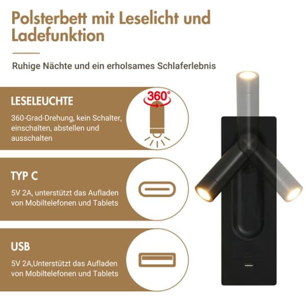 Dubbel uppfällt säng (180 x 200) med läslampa och USB Type-C-laddning, beige, ribbad sammet (madrass ingår ej).