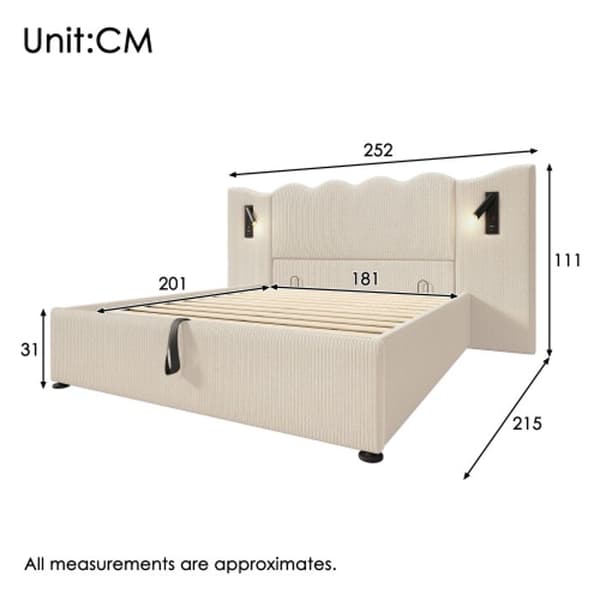 Dubbel uppfällt säng (180 x 200) med läslampa och USB Type-C-laddning, beige, ribbad sammet (madrass ingår ej).