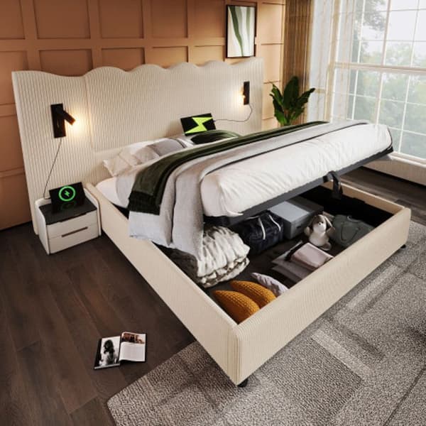 Dubbel uppfällt säng (180 x 200) med läslampa och USB Type-C-laddning, beige, ribbad sammet (madrass ingår ej).