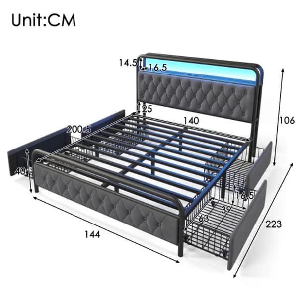 Dubbel upphöjd säng med USB APP LED, metallram 140 x 200 och 4 lådor, sammet (med madrass)