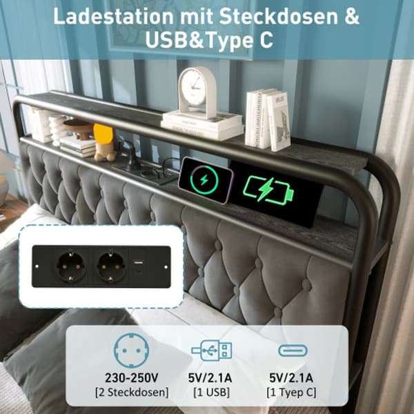 Dubbel upphöjd säng med USB APP LED, metallram 140 x 200 och 4 lådor, sammet (med madrass)