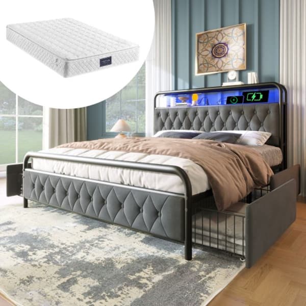 Dubbel upphöjd säng med USB APP LED, metallram 140 x 200 och 4 lådor, sammet (med madrass)