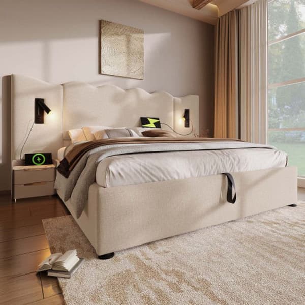 160 x 200 lit dubbel capitonné med läslampa och USB-laddare, sängbotten av massivt trä och metall, beige, linne (med madrass)