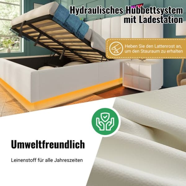 Upplyst säng 180 x 200 med appkontroll LED och USB-C-laddning, PU, vit, utan madrass eller sänggavel.