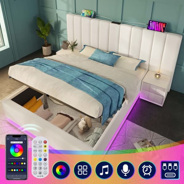 Upplyst säng 180 x 200 med appkontroll LED och USB-C-laddning, PU, vit, utan madrass eller sänggavel.