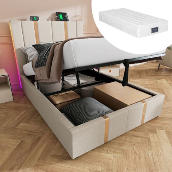 Uppfällt säng med USB Typ C laddningsfunktion APP-kontroll LED 90 x 200 Förvaringssängsram, beige linne (med madrass)