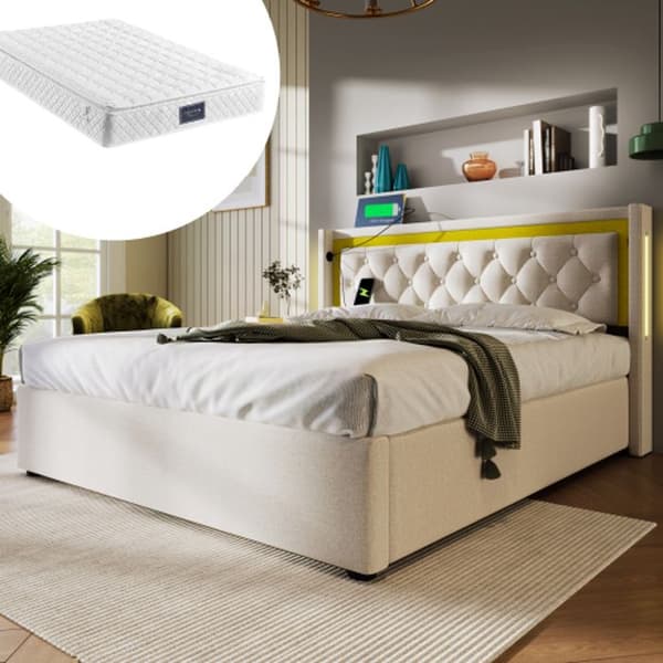LED-tapet sänghuvud med USB-C-laddningsfunktion, bomullssängram 140x200 med ribbotten (inklusive madrass)
