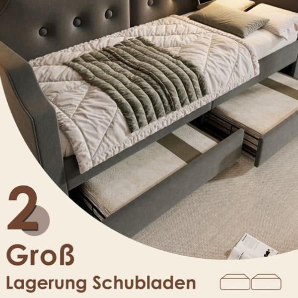 Dagbädd med 2 förvaringslådor, barnsäng, sängstomme med träribbad, sammet, grå (madrass ingår ej)