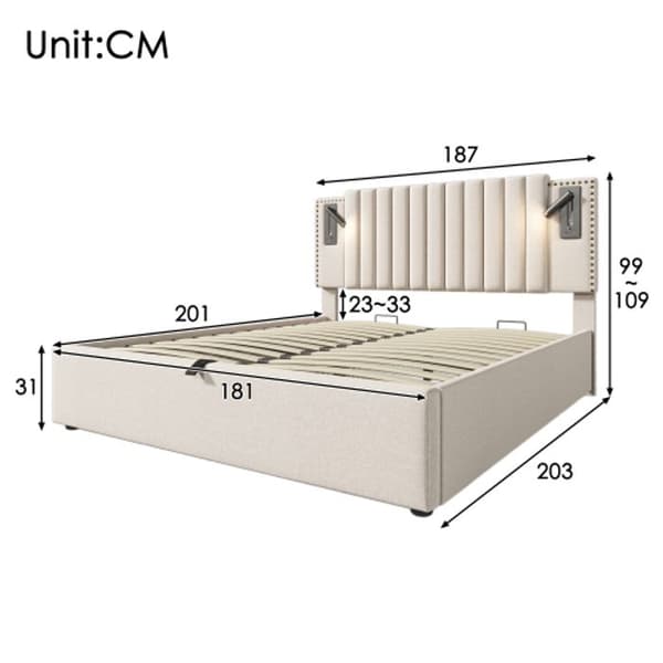 Klädd säng 180x200, dubbelsäng med förvaringsutrymme, med USB-laddningslampa, bomull, beige (madrass ingår ej)