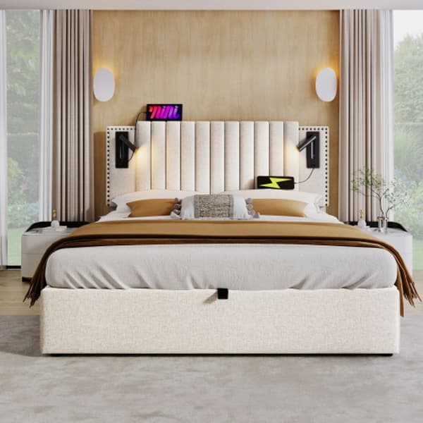 Klädd säng 180x200, dubbelsäng med förvaringsutrymme, med USB-laddningslampa, bomull, beige (madrass ingår ej)