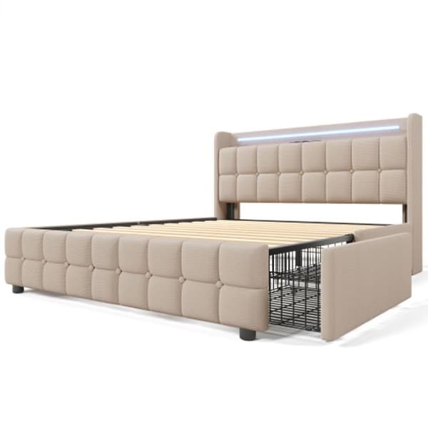 Klädd säng med USB och LED-ljus, 4 lådor, 140x200 cm, sängram, träribbad, beige (med madrass)