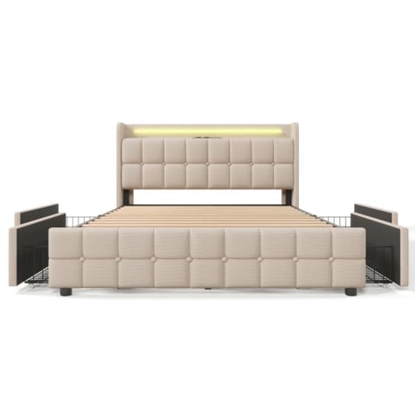Klädd säng med USB och LED-ljus, 4 lådor, 140x200 cm, sängram, träribbad, beige (med madrass)