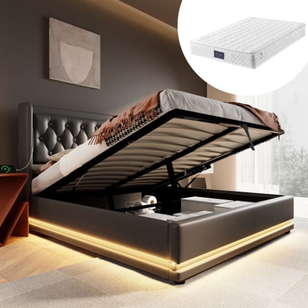 Klädd säng, 160*200 cm, svart PU-material, stoppad sänggavel med USB Type-C, LED-funktion på 3 sidor (med madrass).