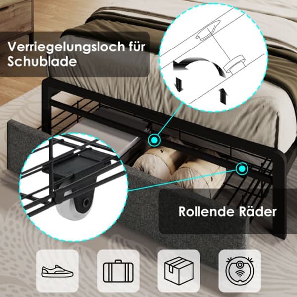 Polstret säng med USB-fällbar huvudgavel med LED-belysning och lådor, enkel säng 90 x 200, grå (utan madrass)