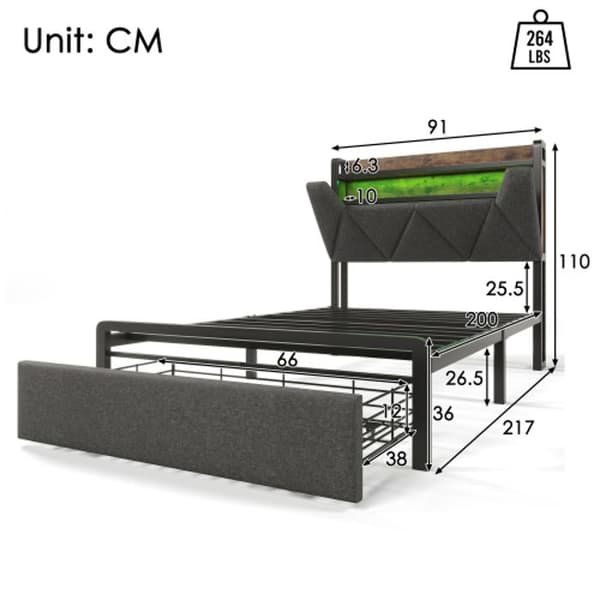 Polstret säng med USB-fällbar huvudgavel med LED-belysning och lådor, enkel säng 90 x 200, grå (utan madrass)