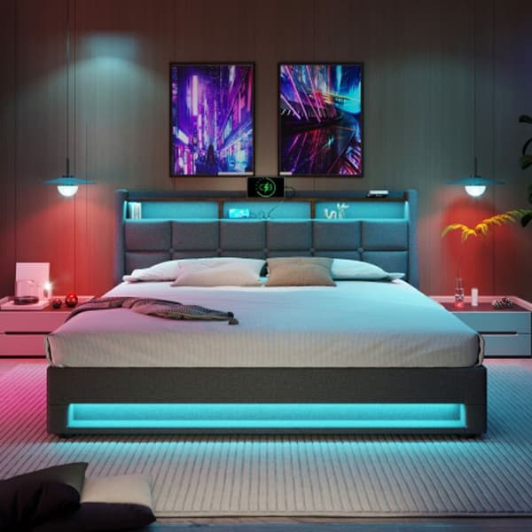 Upplyst säng med USB 160x200cm, LED med metallram och lattsäng, sängram i linne (madras ej inkluderad)