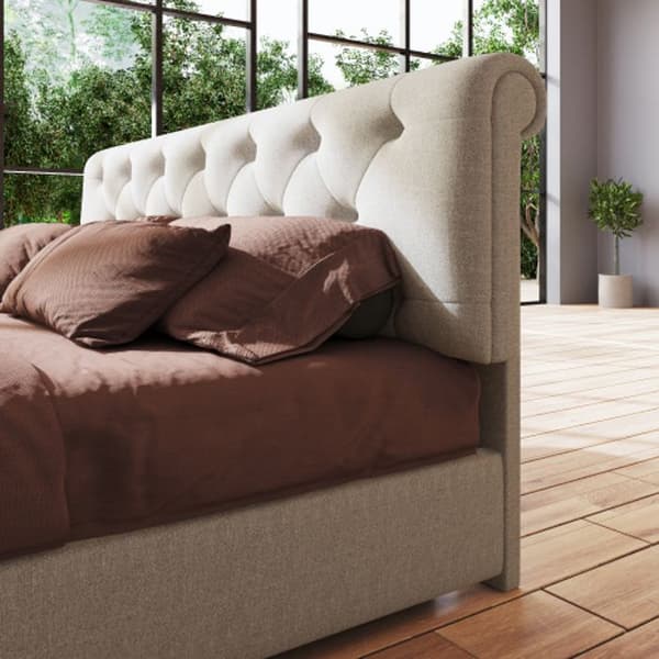 Sängstomme med 2 lådor, stoppad enkelsäng 90x200 cm, höj- och sänkbar sänggavel, naturlig färg, madrass ingår