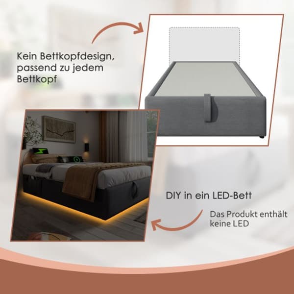 Klädd säng 140 x 200 cm, sängram med USB-C-kontakt och integrerad lamellbotten, utan sänggavel, bomull, grå.