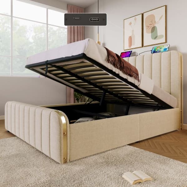 Ljus kudde med dekorativa guldband och USB Type-C-laddning 140*200 cm, beige linne (madrass ingår inte).
