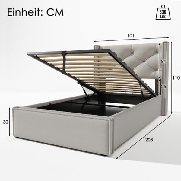 Hydraulisk enkelsäng 90x200cm, säng med ribbad i metall, bomull, ljusgrå (med madrass)