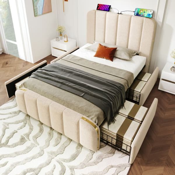 Klädd enkelsäng med guld dekorband och USB 90*200 cm, beige linne, med 4 lådor (utan madrass)