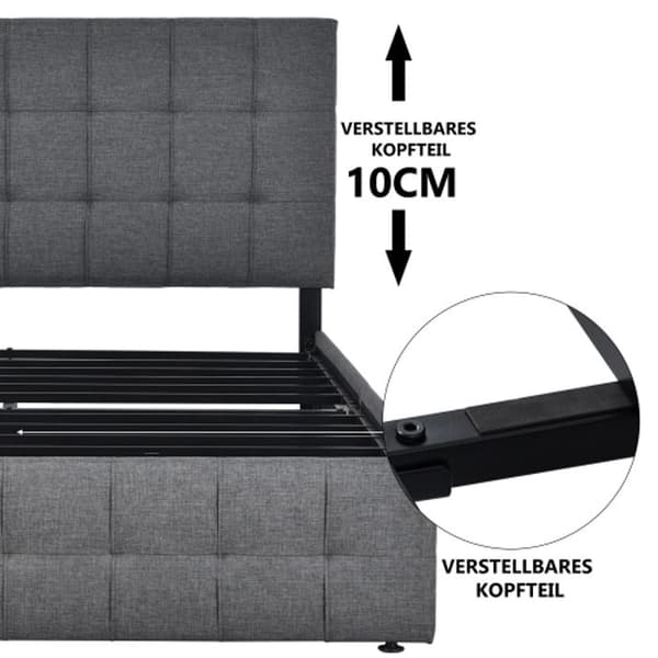 Säng med vaddering och 4 lådor samt resårmadrass, justerbar huvudgavel i linne (140*200 cm, grå)
