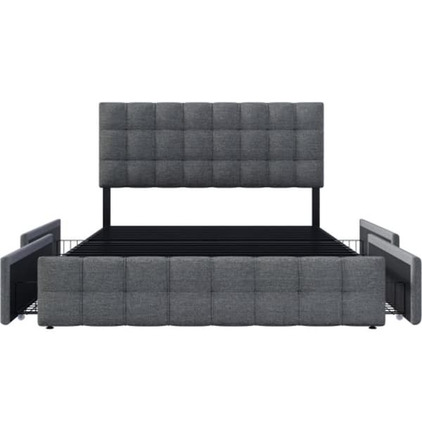 Säng med vaddering och 4 lådor samt resårmadrass, justerbar huvudgavel i linne (140*200 cm, grå)