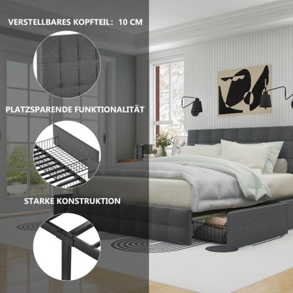 Säng med vaddering och 4 lådor samt resårmadrass, justerbar huvudgavel i linne (140*200 cm, grå)