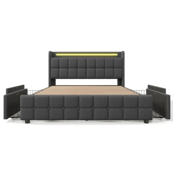 Polstret sänggavel med USB-laddningsfunktion, sänggavel med LED-belysning och 4 lådor, 140x200 cm, grå (utan madrass)