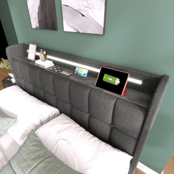 Polstret sänggavel med USB-laddningsfunktion, sänggavel med LED-belysning och 4 lådor, 140x200 cm, grå (utan madrass)