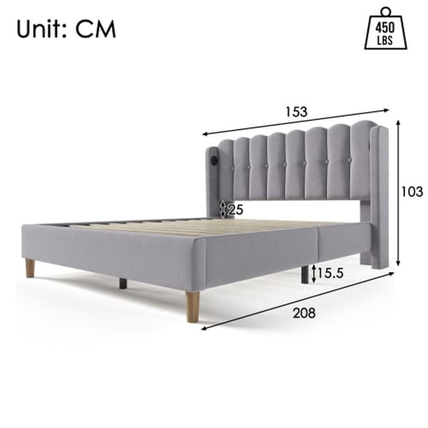 Vadderad dubbelsäng med USB Type C-laddare, grå vadderad säng, 140 x 200 cm linne (med madrass)