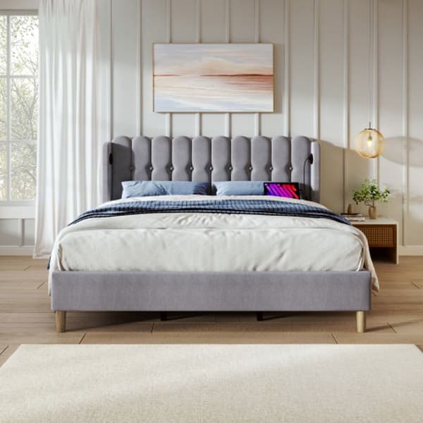 Vadderad dubbelsäng med USB Type C-laddare, grå vadderad säng, 140 x 200 cm linne (med madrass)