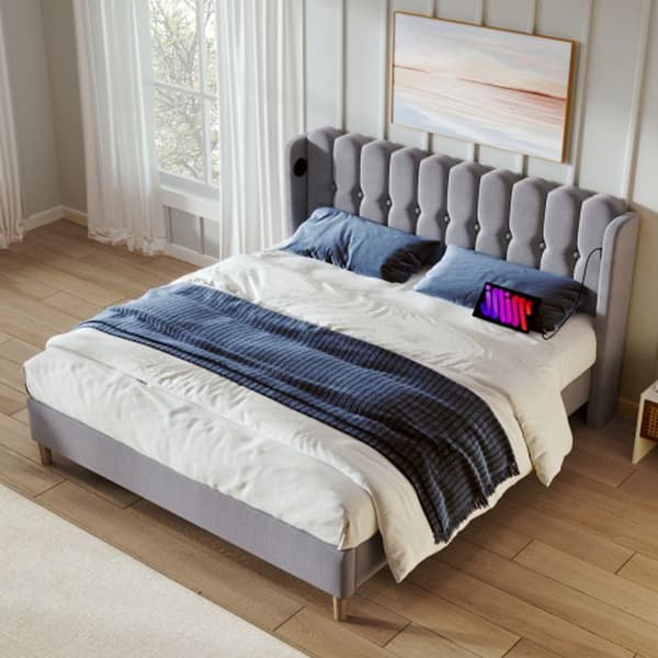 Vadderad dubbelsäng med USB Type C-laddare, grå vadderad säng, 140 x 200 cm linne (med madrass)