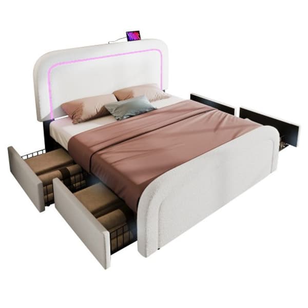 USB Typ C, LED-belysning och sängram med 4 lådor, vadderad säng 140x200cm, justerbar sänggavel Vit (med madrass)