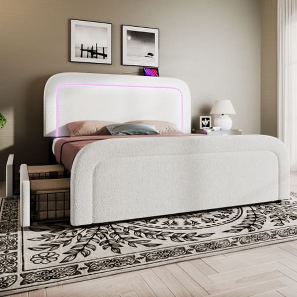 USB Typ C, LED-belysning och sängram med 4 lådor, vadderad säng 140x200cm, justerbar sänggavel Vit (med madrass)