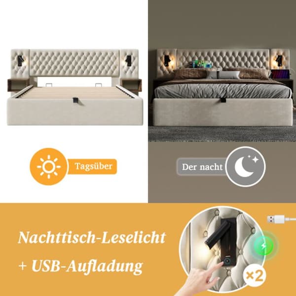 Sovrumsset, säng 160 x 200 cm, med 2 sängbord, med USB, beige, sammet (madrass ingår ej)