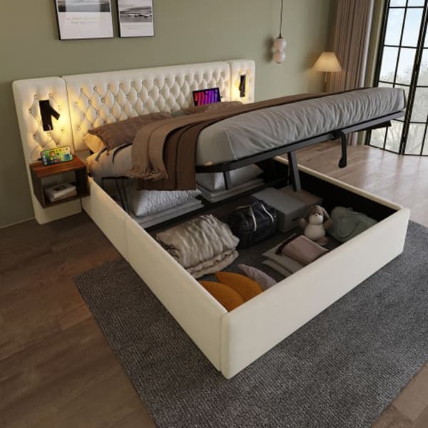 Sovrumsset, säng 160 x 200 cm, med 2 sängbord, med USB, beige, sammet (madrass ingår ej)