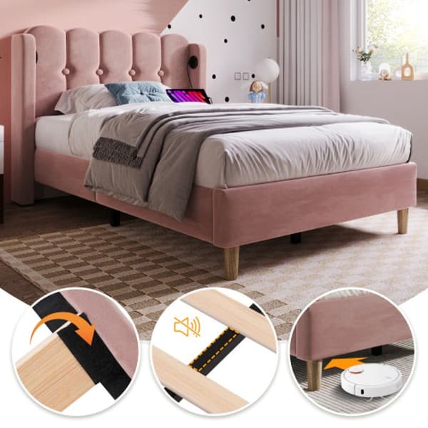 Stoppad säng med USB Type C-laddare, sängram med lamellbotten, rosa stoppad säng, 90 x 200 cm med madrass
