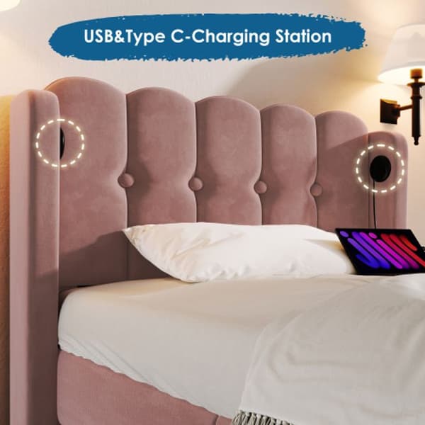 Stoppad säng med USB Type C-laddare, sängram med lamellbotten, rosa stoppad säng, 90 x 200 cm med madrass