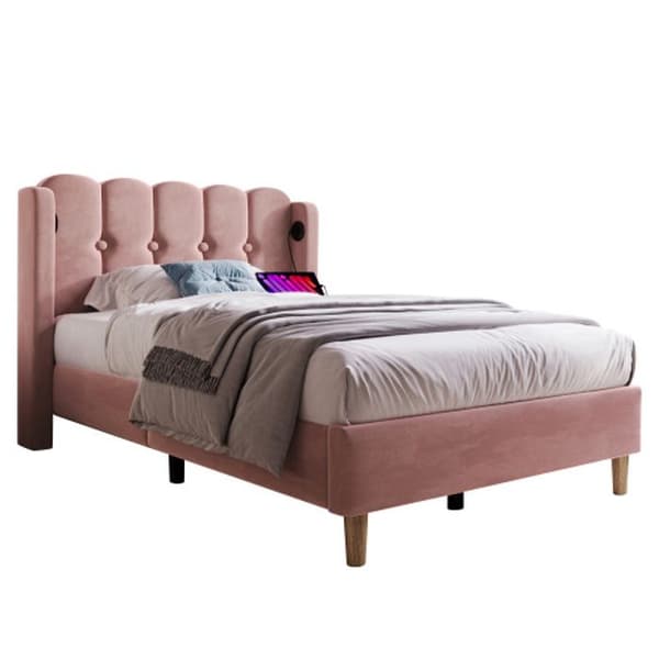 Stoppad säng med USB Type C-laddare, sängram med lamellbotten, rosa stoppad säng, 90 x 200 cm med madrass