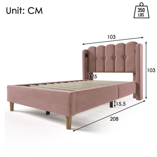 Stoppad säng med USB Type C-laddare, sängram med lamellbotten, rosa stoppad säng, 90 x 200 cm med madrass