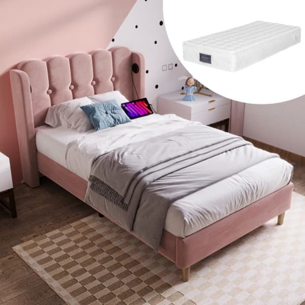 Stoppad säng med USB Type C-laddare, sängram med lamellbotten, rosa stoppad säng, 90 x 200 cm med madrass