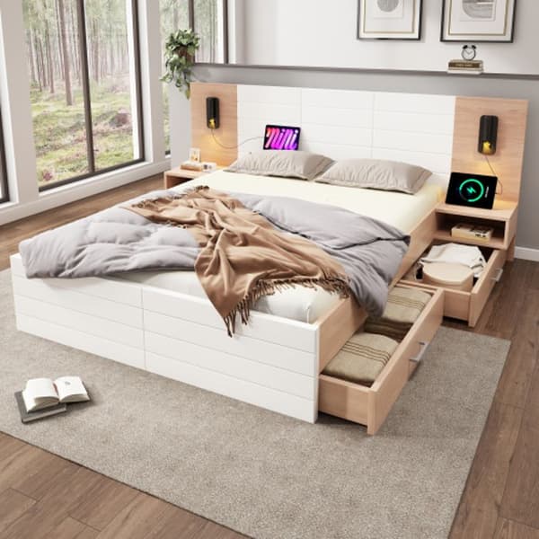Dubbelsäng i trä (160 x 200 cm, med 2 lådor) med läslampa och USB-laddningsfunktion, 2 sängbord Madrass ingår ej