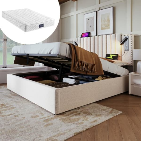 Klädd säng 140x200 med USB-laddningsfunktion, med nitad design, ryggstöd med lamellbotten, bomull, beige (med madrass)