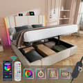 Miniatyrbild 4 av 6: Stoppad säng Laddningsfunktion USB Typ C APP-kontroll LED 160 x 200 sängram, beige linnetyg (med madrass)