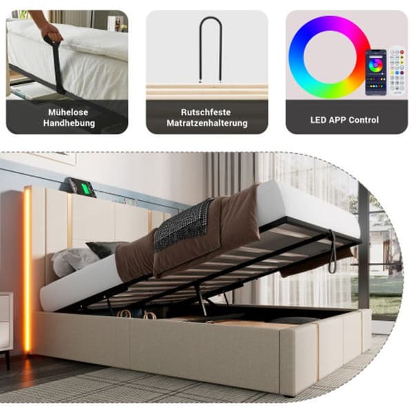 Stoppad säng Laddningsfunktion USB Typ C APP-kontroll LED 160 x 200 sängram, beige linnetyg (med madrass)